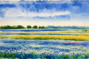 Tranquil Summer Scenery. A Watercolor Painting of Park, Lake, field and River. photo