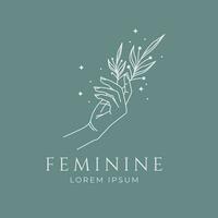 mano y flor resumen logo para belleza cosmético femenino estilo floral minimalista vector diseño