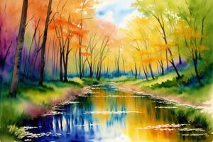 Tranquil Summer Scenery. A Watercolor Painting of Park, Lake, field and River. photo