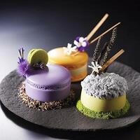 Desserts with lavender and lemon flavors, black sesame and matcha. photo