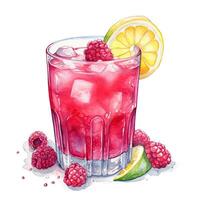 Raspberry lemonade watercolor sketch. Summer cold drink with raspberries, ice and lemon slices . Watercolor drawing. . photo