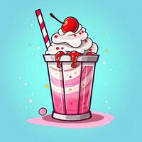 Milkshake strawberry cocktail with whipped cream and cherry. Icon on blue background. Cartoon style. . photo