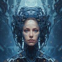 Portrait of a girl with artificial intelligence with an abstract background of space science and technology. photo
