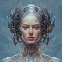 Portrait of a girl with artificial intelligence with an abstract background of space science and technology. Cybernetic organism. photo