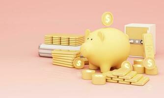 dinero cerdito banco creativo negocio concepto. realista 3d prestar. pastel cerdo mantiene oro monedas y divisa. seguro Finanzas inversión. financiero servicios. dinero para real inmuebles inversiones y préstamos foto