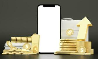 Concept of saving gold and investing in gold bars or cryptocurrencies. To prevent inflation, wealth and financial planning. Surrounded by gold bars and business bags on a black background. 3d render photo