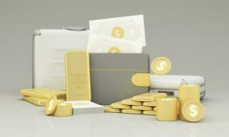 Concept of saving gold and investing in gold bars or cryptocurrencies. To prevent inflation, wealth and financial planning. Surrounded by gold bars and business bags on a black background. 3d render photo