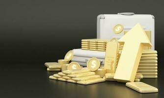 Concept of saving gold and investing in gold bars or cryptocurrencies. To prevent inflation, wealth and financial planning. Surrounded by gold bars and business bags on a black background. 3d render photo