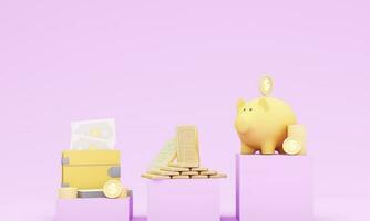 Money Piggy bank creative business concept. Realistic 3d render. Pastel pig keeps gold coins and currency. Safe finance investment. Financial services. money for real estate investments and loans photo