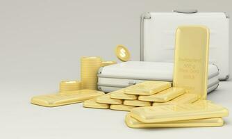 Concept of saving gold and investing in gold bars or cryptocurrencies. To prevent inflation, wealth and financial planning. Surrounded by gold bars and business bags on a black background. 3d render photo