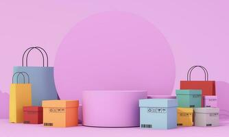 online shopping concept on the stand for product presentation surrounded by shopping bags and shipping boxes, sneakers, hats and sunglasses for men on a pastel blue background. 3d rendering photo