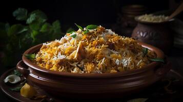 Biryani en bol, desi indio comida Biryani arroz en bol, generativo ai foto