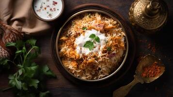 Bowl of rice with meat and vegetables on dark background. Top view, photo