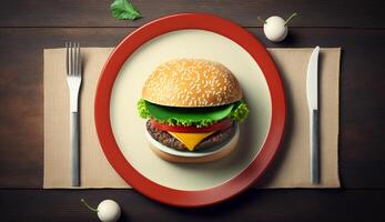 top view of burger on wooden table, photo