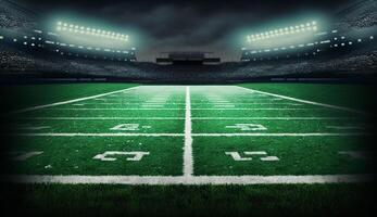 american football stadium with green field and lights, photo