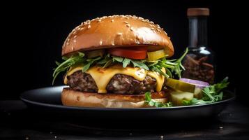 Closeup of hamburger on wooden table with blurred background, photo