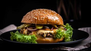 Closeup of hamburger on wooden table with blurred background, photo