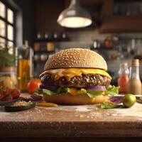 Cheeseburger on a wooden board in the kitchen, photo