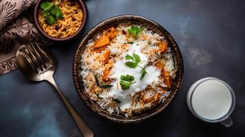Bowl of rice with meat and vegetables on dark background. Top view, photo