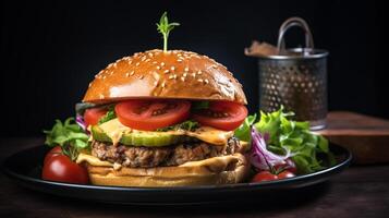 Closeup of hamburger on wooden table with blurred background, photo