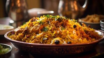 de cerca ver de Biryani arroz, tradicional alimento, generativo ai foto