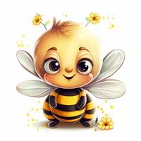 Cute cartoon bee with flowers on white background, photo