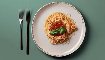 parte superior ver de espaguetis pasta con tomate salsa y albahaca en de madera mesa fondo, generativo ai foto