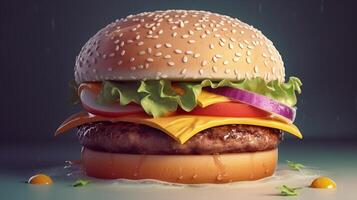 Closeup view of Hamburger with cheese and vegetables on dark background, photo