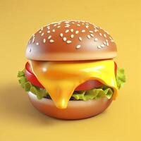 Hamburger with melted cheese on yellow background, photo