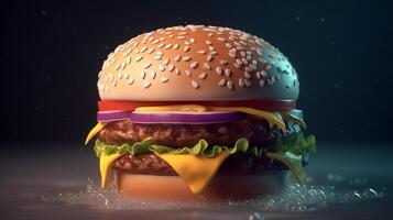 Closeup view of Hamburger with cheese and vegetables on dark background, photo