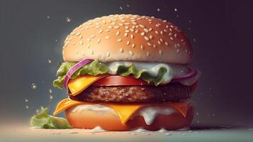 Closeup view of Hamburger with cheese and vegetables on dark background, photo