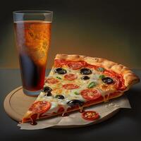 Pizza con coca en negro fondo, generativo ai foto