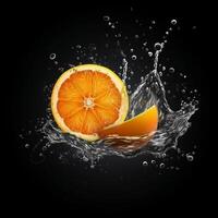 Fresh orange and water splash isolated on black background, photo