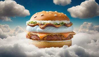 Hamburger with clouds in the sky, Generative Ai photo