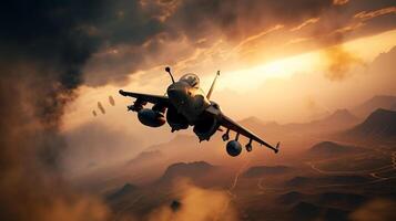 combatiente chorro combatiente volador alto en el cielo, generativo ai foto