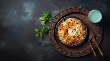 Bowl of rice with meat and vegetables on dark background. Top view, photo