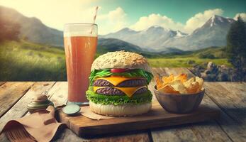 Hamburger and cola on the wooden table with mountain village background, photo