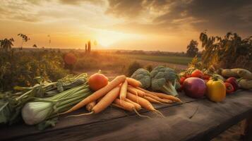 Fresco vegetales en el de madera mesa en el pueblo con puesta de sol fondo, generativo ai foto