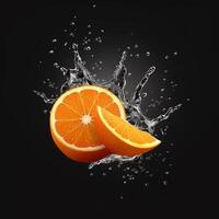 Fresh orange and water splash isolated on black background, photo