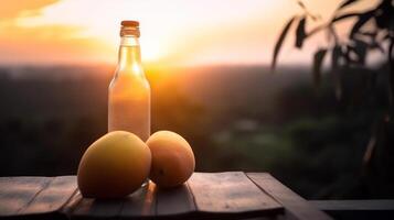 albaricoque jugo en un botella en de madera mesa y puesta de sol fondo, generativo ai foto