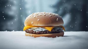 Hamburger in the snow with snowflakes Background, photo