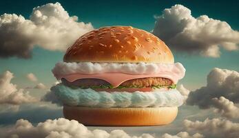 Hamburger with clouds in the sky, Generative Ai photo