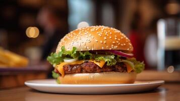 Closeup of hamburger on wooden table with blurred background, photo