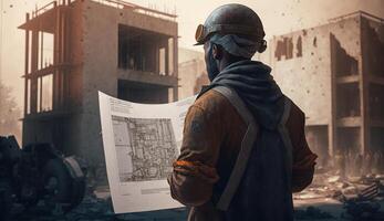 A construction worker looking at a plan on a construction, Engineering and architecture concept, photo