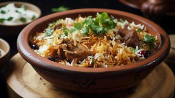 Biryani en bol, desi indio comida Biryani arroz en bol, generativo ai foto
