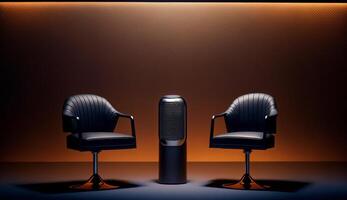 Two chairs and microphones in Studio for podcast or interview, photo
