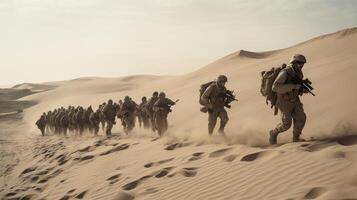 Soldiers at desert go to war, Battle soldiers, generative ai photo