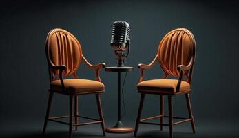 Two chairs and microphones in Studio for podcast or interview, photo