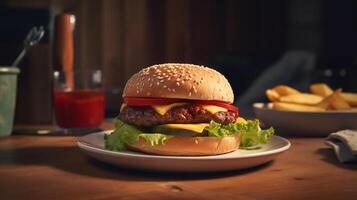 Closeup of hamburger on wooden table with blurred background, photo