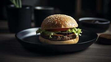 Closeup of hamburger on wooden table with blurred background, photo
